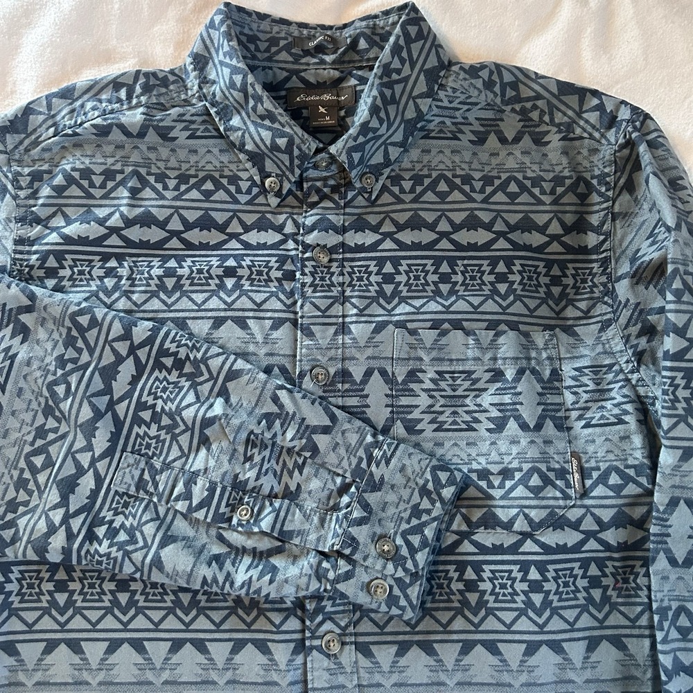 Eddie Bauer Shirt Men's Medium Blue Flannel Button Up Southwestern Aztec Classic